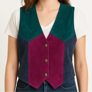 Vintage 90s Suede Patchwork Vest Womens M‎ Teal Plum Western Boho